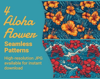 4 Seamless Hawaiian Flower Patterns, Tropical Floral Pattern Bundle, Hawaii Hibiscus Pattern, Floral Print, High-resolution image download