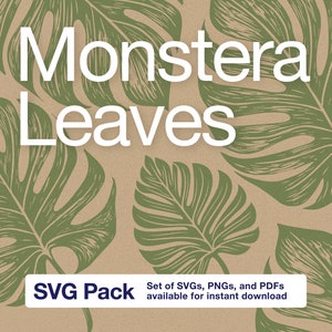 May include: A digital download of a set of SVG files featuring Monstera leaves. The text "Monstera Leaves" and "SVG Pack" is displayed on a brown background with green leaves.