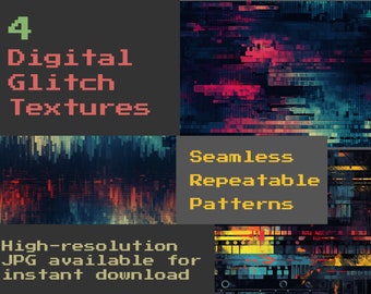 4 Seamless Abstract Digital Glitch Patterns, Seamless Pattern, Digital Pattern Bundle, Digital Glitch, High-resolution image download