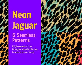 Neon Jaguar, 4 Seamless Jaguar Animal Print Patterns, Animal Print, High-resolution JPG PNG image download, instant download