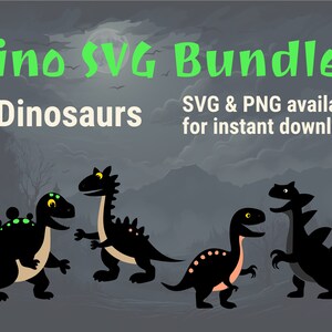 May include: A digital download bundle of four black silhouette dinosaur illustrations. The dinosaurs are in various poses and include a stegosaurus, a brachiosaurus, a velociraptor, and a tyrannosaurus rex. The text "Dino SVG Bundle 4 Dinosaurs" is at the top of the image. The text "SVG & PNG available for instant download" is at the bottom of the image.