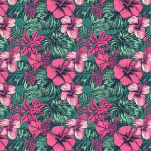 May include: A seamless pattern featuring pink hibiscus flowers and green tropical leaves. The design is perfect for fabric, wallpaper, or wrapping paper.