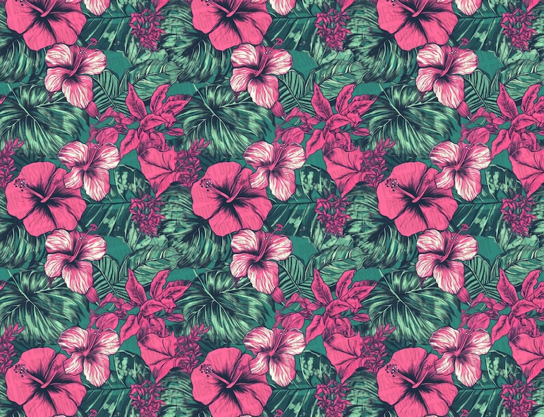 May include: A seamless pattern featuring pink hibiscus flowers and green tropical leaves. The design is perfect for fabric, wallpaper, or wrapping paper.