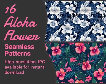 16 Seamless Hawaiian Flower Patterns, Tropical Floral Pattern Bundle, Hawaii Hibiscus Pattern, Floral Print, High-resolution image download