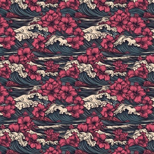 May include: A seamless pattern featuring pink hibiscus flowers and blue and white waves. The design is reminiscent of traditional Japanese art.