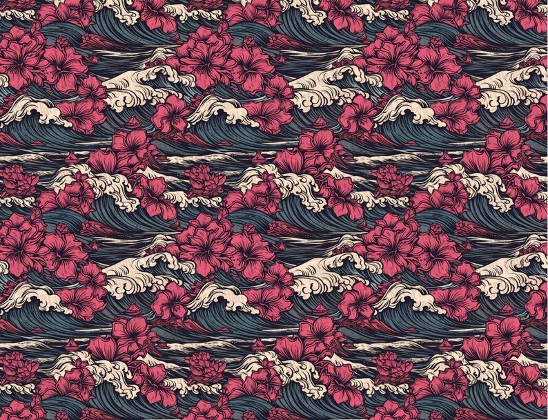 May include: A seamless pattern featuring pink hibiscus flowers and blue and white waves. The design is reminiscent of traditional Japanese art.