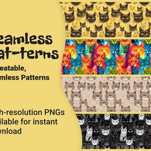 4 Cat-Themed Seamless Patterns, Cat Print Bundle, Repeatable Cat Print, Cat Style Digital Pattern, High-resolution instant download