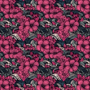 May include: A seamless pattern featuring pink flowers and blue waves. The flowers are stylized and have a delicate, intricate design. The waves are flowing and dynamic, creating a sense of movement. The background is a dark blue color, which provides a contrast to the bright pink flowers.