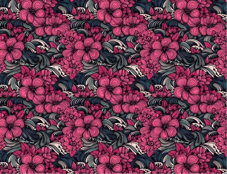 May include: A seamless pattern featuring pink flowers and blue waves. The flowers are stylized and have a delicate, intricate design. The waves are flowing and dynamic, creating a sense of movement. The background is a dark blue color, which provides a contrast to the bright pink flowers.