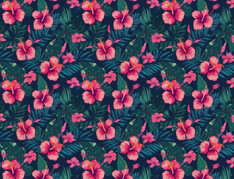 4 Seamless Hawaiian Flower Patterns, Tropical Floral Pattern Bundle, Hawaii Hibiscus Pattern, Floral Print, High-resolution image download image 3