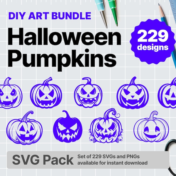 229 Jack-o-lantern SVG Bundle, Halloween pumpkins, Halloween Cricut pumpkin Files, Halloween clipart, SVG + PNG download