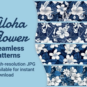 May include: Four seamless patterns featuring white flowers and blue leaves on a dark blue background. The text "4 Aloha Flower Seamless Patterns" is displayed on the left side of the image.
