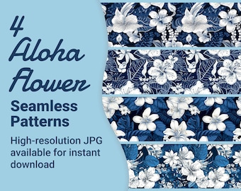 4 Seamless Hawaii Flower Pattern Bundle, Tropical Flower Patterns, Hawaii Hibiscus Pattern, Floral Print, High-resolution image download