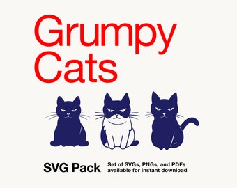 Grumpy Cats SVG Clip Art Bundle, Cricut Silhouette Cat Files, SVG + PNG Instant Download
