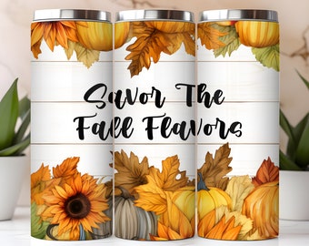 Fall Flavors 20oz Tumbler Design | Rustic Autumn Wrap with Sunflowers & Pumpkins | Instant Digital Download