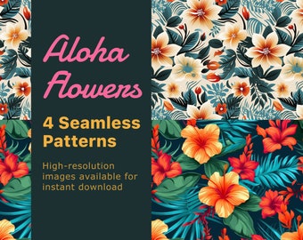 Aloha Flowers, 4 Seamless Hawaiian Flower Patterns, Floral Print, High-resolution image download