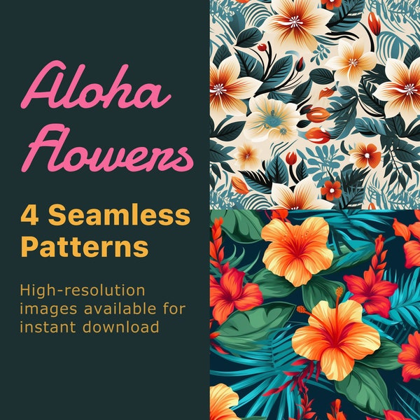 Aloha Flowers, 4 Seamless Hawaiian Flower Patterns, Floral Print, High-resolution image download