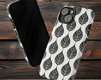 Elegant Leaf Pattern Phone Case - Black and White Nature Phone Cover for iPhone, Samsung, Pixel by Prompt Design