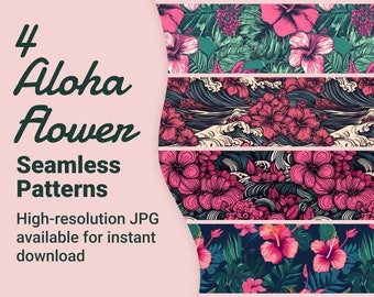 4 Seamless Hawaiian Flower Patterns, Tropical Floral Pattern Bundle, Hawaii Hibiscus Pattern, Floral Print, High-resolution image download