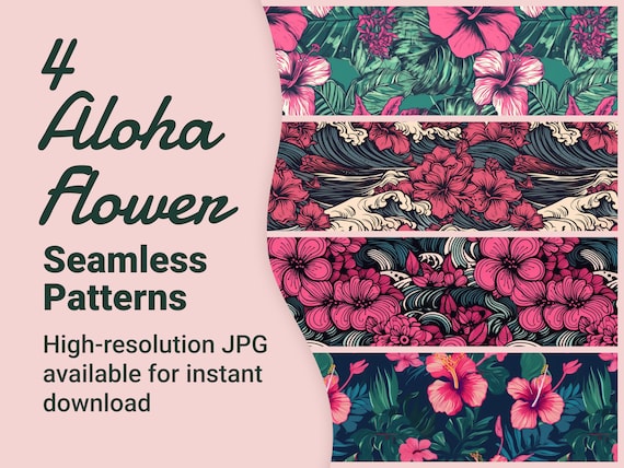 4 Seamless Hawaiian Flower Patterns, Tropical Floral Pattern Bundle, Hawaii Hibiscus Pattern, Floral Print, High-resolution image download