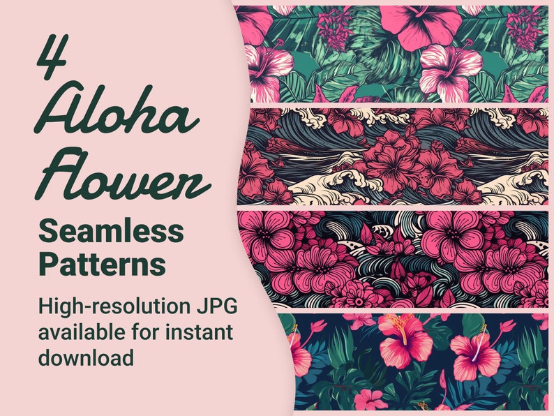 4 Seamless Hawaiian Flower Patterns, Tropical Floral Pattern Bundle, Hawaii Hibiscus Pattern, Floral Print, High-resolution image download image 1