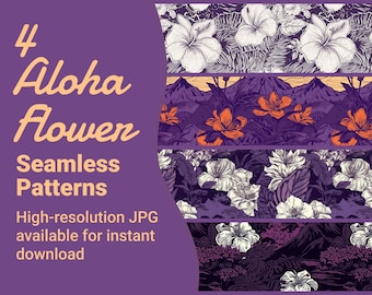 4 Seamless Hawaii Flower Pattern Bundle, Purple Tropical Flower Patterns, Hawaii Hibiscus, Floral Print, High-resolution image download