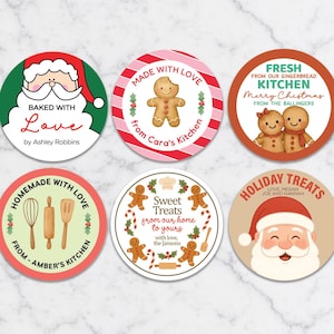 May include: A collection of six round Christmas-themed stickers. Designs include Santa Claus, gingerbread people, and baking tools. Text includes "Baked with Love," "Made with Love," and "Holiday Treats."