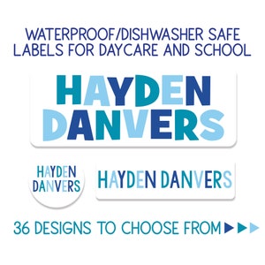 May include: Waterproof and dishwasher safe labels for daycare or school. The labels feature the name "HAYDEN DANVERS" in blue, teal, and light blue lettering. There are 36 designs to choose from.