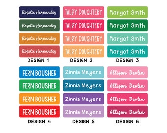 May include: Rectangular name labels in various colors, each with a name printed in white. The labels are grouped into six designs, each with a different color scheme and name combinations. The text "DESIGN" is also visible.