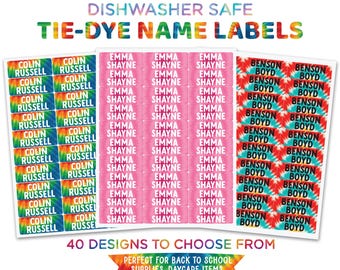Tie Dye Name Labels for Kids | 40 Designs | Waterproof Summer Camp Labels | Dishwasher Safe | Personalized School Daycare Stickers