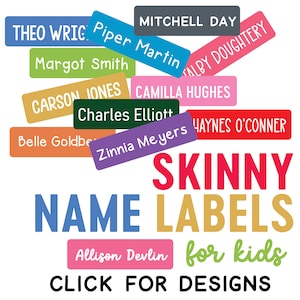 School Supply Labels, Skinny Name Stickers, Waterproof Daycare Labels, Kids Camp Labels, Mini Name Labels for Girls Boys, Dishwasher Safe