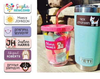 May include: A set of colorful personalized name labels with various animal and design themes. The labels feature names like Sasha Newcomb, Maeve Johnson, Scarlett Winslow, Justine Harris, Abigail Roberts, Brooke Hamilton, Nick Johansen, and Olivia Haines. The labels are designed for use on water bottles, lunchboxes, and other personal items.