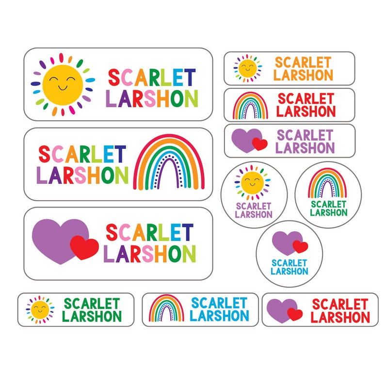 Daycare Name Labels School Supply Labels Personalized Rainbow Sun Heart