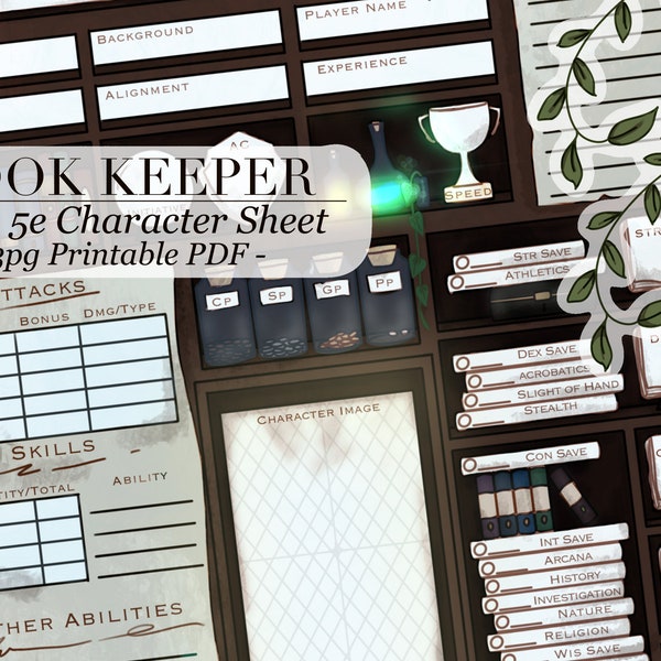 Book Keeper | DnD 5e Character Sheet | 3pg PDF | Dark Academia, Wizard, Sorcerer | Digital Download | Printable | Colour and Lineart