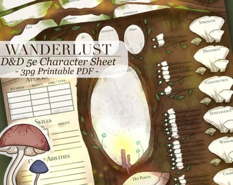 Wanderlust | DnD 5e Character Sheet | 3pg PDF | Cottagecore, Mushrooms, Druid, Ranger | Digital Download | Printable | Colour and Lineart