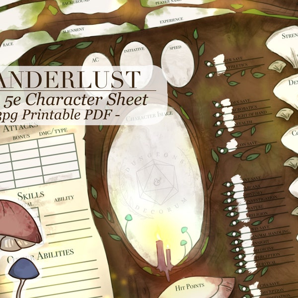 Wanderlust | DnD 5e Character Sheet | 3pg PDF | Cottagecore, Mushrooms, Druid, Ranger | Digital Download | Printable | Colour and Lineart