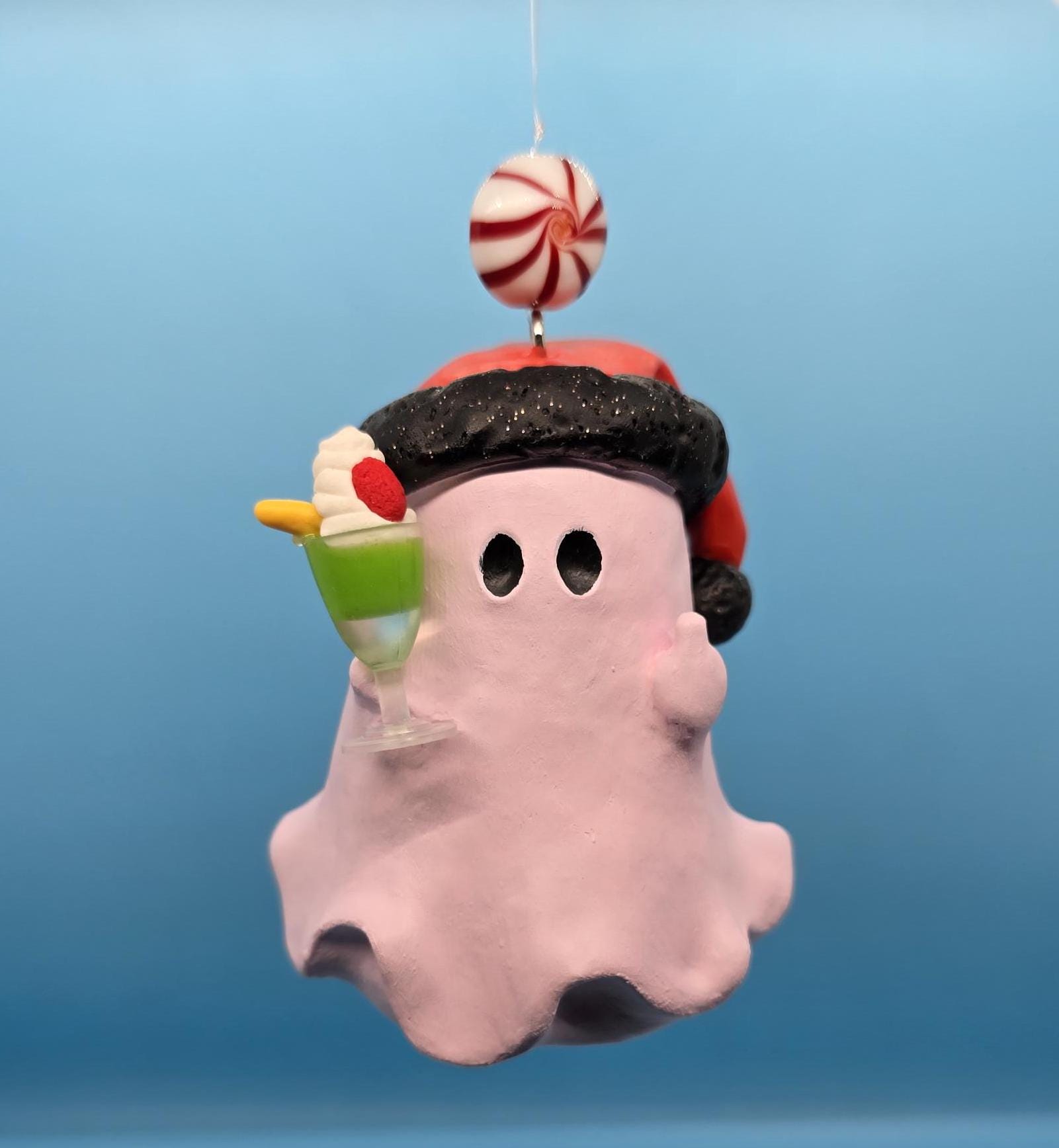 Pink middle finger Christmas Ghost Ornament with drink -polymer Clay hand sculpted - holiday gift-weird stuff-oak-cool stuff-cool