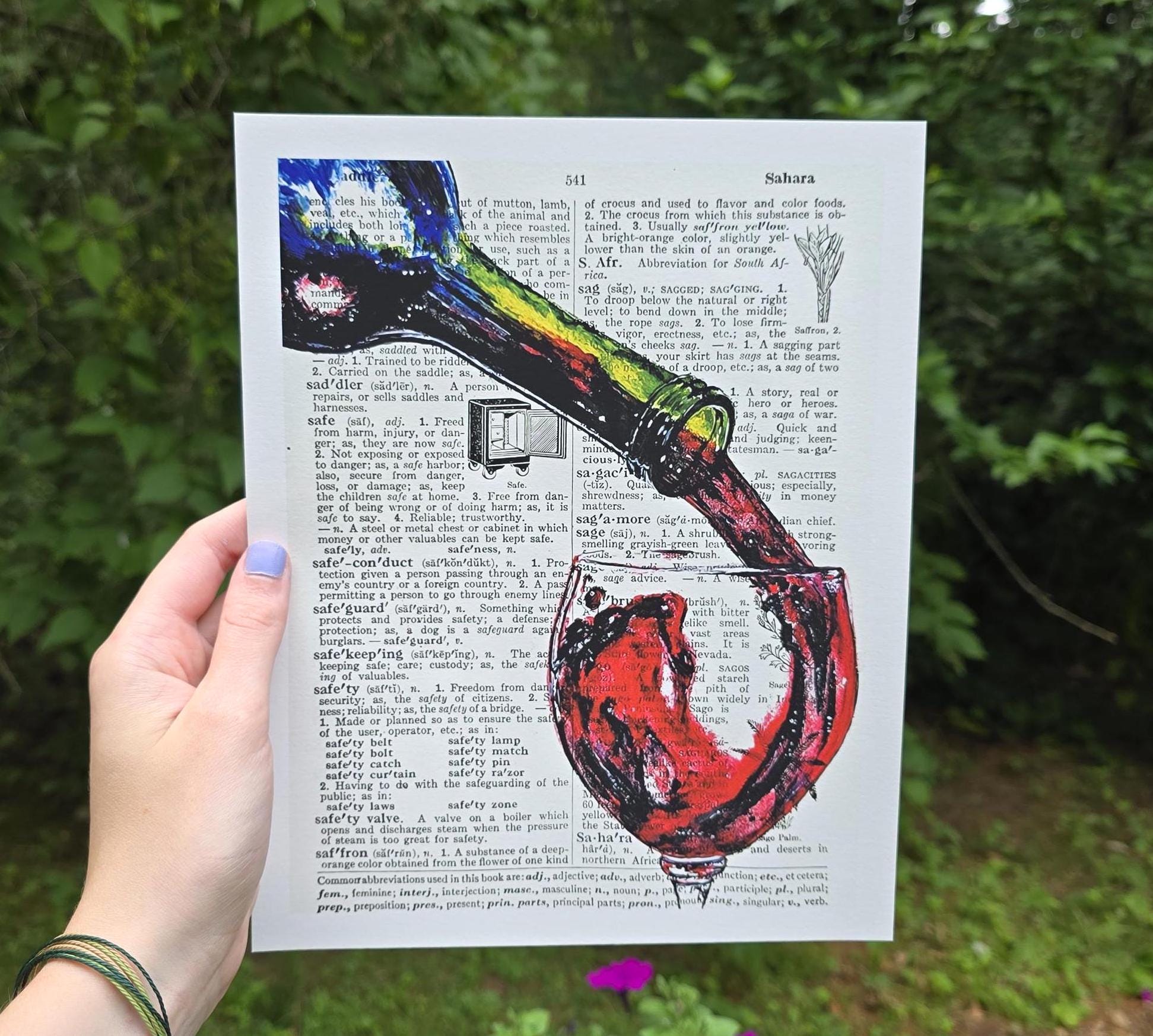 Wine bottle pouring-Giclee 8x10inch art PRINT- original painting done in acrylic on dictionary page.