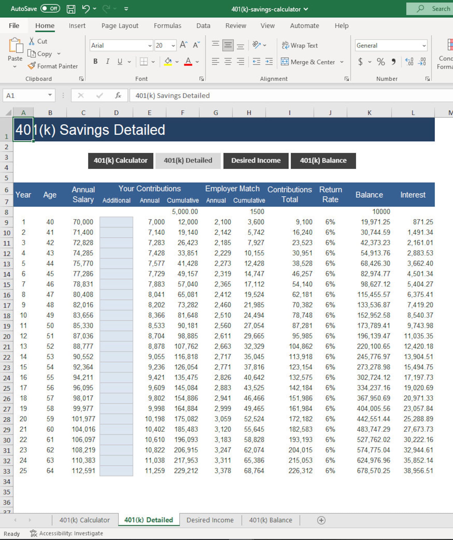 Excel Template 401k Saving Calculator Etsy
