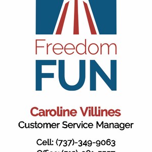 Puede incluir: Gráfico vertical con las palabras "Freedom FUN" en rojo y azul. La parte superior del gráfico presenta una estrella roja dentro de un rectángulo azul. Debajo del texto están el nombre "Caroline Villines" y la información de contacto.