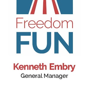 May include: A blue and red logo with a star and the text "Freedom FUN" and "Kenneth Embry, General Manager". The logo also includes the phone number (254) 428-3386, the email address HaveFun@FreedomFunUSA.com, and the social media handle @freedomfunusa.