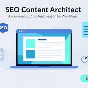 Puede incluir: Una pantalla de port&aacute;til azul muestra una interfaz de documento con texto y bloques. El texto SEO Content Architect AI-powered SEO content creation for WordPress aparece arriba. Iconos de SEO, an&aacute;lisis, documentos y WordPress rodean el port&aacute;til.