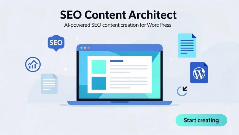 Puede incluir: Una pantalla de port&aacute;til azul muestra una interfaz de documento con texto y bloques. El texto SEO Content Architect AI-powered SEO content creation for WordPress aparece arriba. Iconos de SEO, an&aacute;lisis, documentos y WordPress rodean el port&aacute;til.