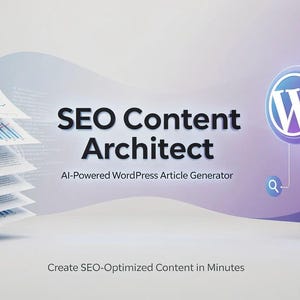 Puede incluir: Un gr&aacute;fico digital titulado SEO Content Architect AI-Powered WordPress Article Generator que muestra una pila de documentos con gr&aacute;ficos azules a la izquierda y un logotipo de WordPress morado conectado a iconos de documentos a la derecha.