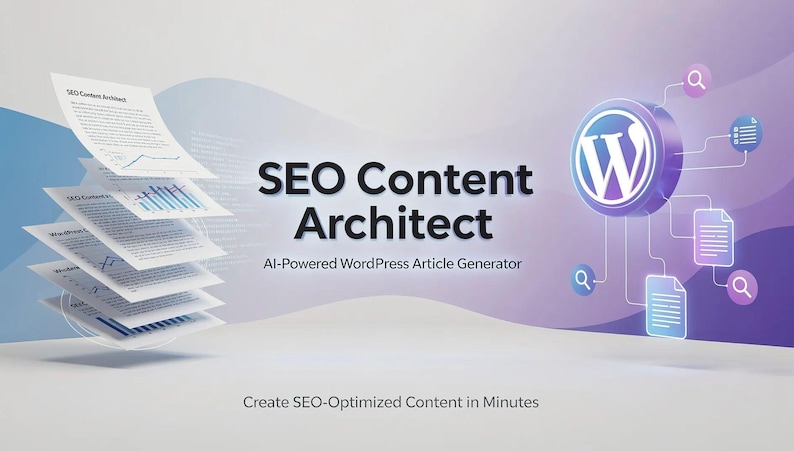 Puede incluir: Un gr&aacute;fico digital titulado SEO Content Architect AI-Powered WordPress Article Generator que muestra una pila de documentos con gr&aacute;ficos azules a la izquierda y un logotipo de WordPress morado conectado a iconos de documentos a la derecha.