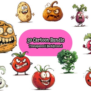 Légumes de dessins animés, style loufoque et amusant ! Lot de 30 PNG
