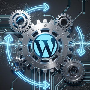 Puede incluir: Un gr&aacute;fico digital con el texto WordPress Automation en la parte superior. El dise&ntilde;o incluye engranajes met&aacute;licos, con el engranaje central mostrando el logo azul de WordPress, rodeado de l&iacute;neas de circuito azul claro y flechas.