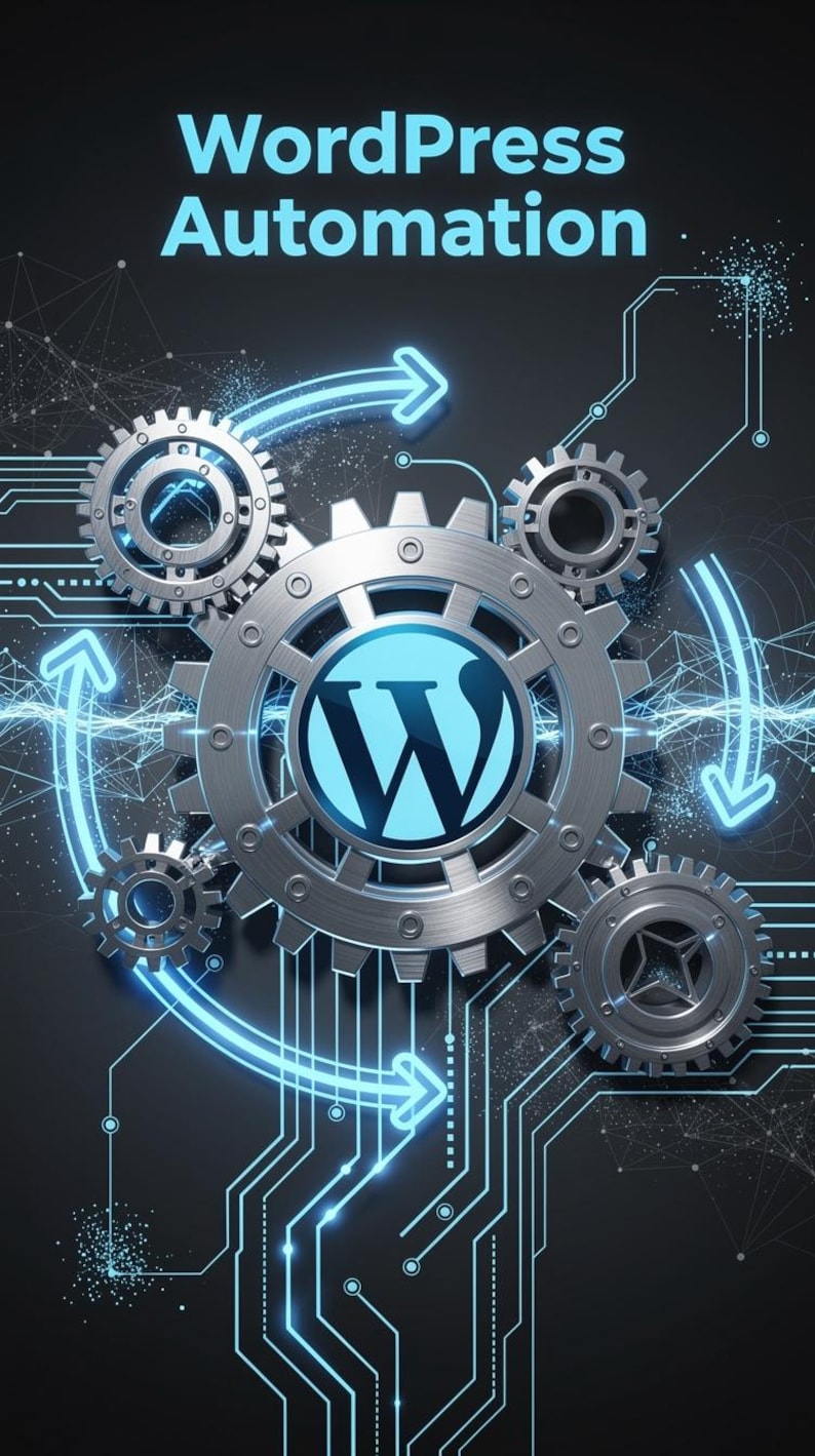 Puede incluir: Un gr&aacute;fico digital con el texto WordPress Automation en la parte superior. El dise&ntilde;o incluye engranajes met&aacute;licos, con el engranaje central mostrando el logo azul de WordPress, rodeado de l&iacute;neas de circuito azul claro y flechas.
