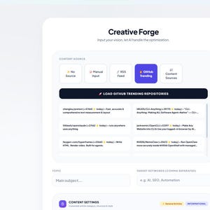 Puede incluir: Una interfaz de software titulada Creative Forge que presenta una barra lateral oscura con opciones de navegaci&oacute;n y un panel central blanco. El panel incluye botones de selecci&oacute;n de fuente de contenido y una lista de datos de repositorios de GitHub.