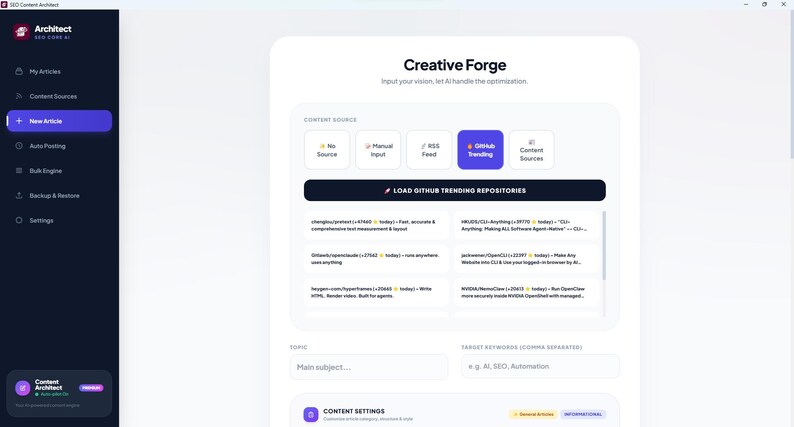 Puede incluir: Una interfaz de software titulada Creative Forge que presenta una barra lateral oscura con opciones de navegaci&oacute;n y un panel central blanco. El panel incluye botones de selecci&oacute;n de fuente de contenido y una lista de datos de repositorios de GitHub.